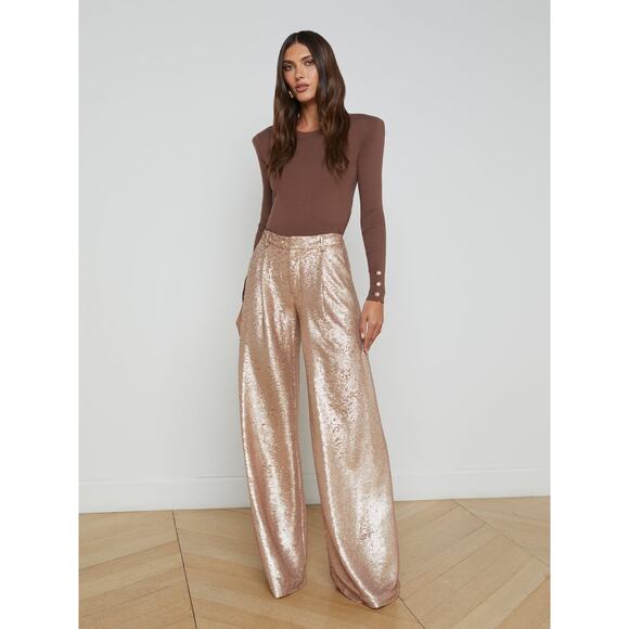 L’Agence NWT Beige Allanah Sequin Straight Leg Trouser Pants Size 6 - Picture 1 of 13